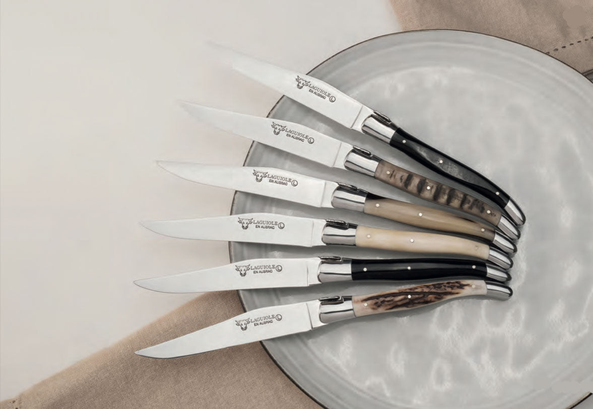 Laguiole en Aubrac Handcrafted 6-Piece Steak Knife Set with Mixed Horn Handles