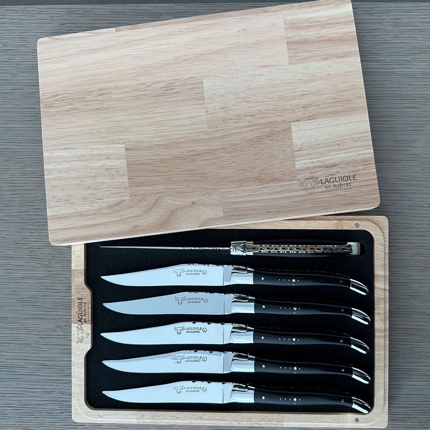Laguiole en Aubrac Luxury Handcrafted Stainless Steel & Brass Double Plate 6-Piece Steak Knife Set with Ebony Wood Handles