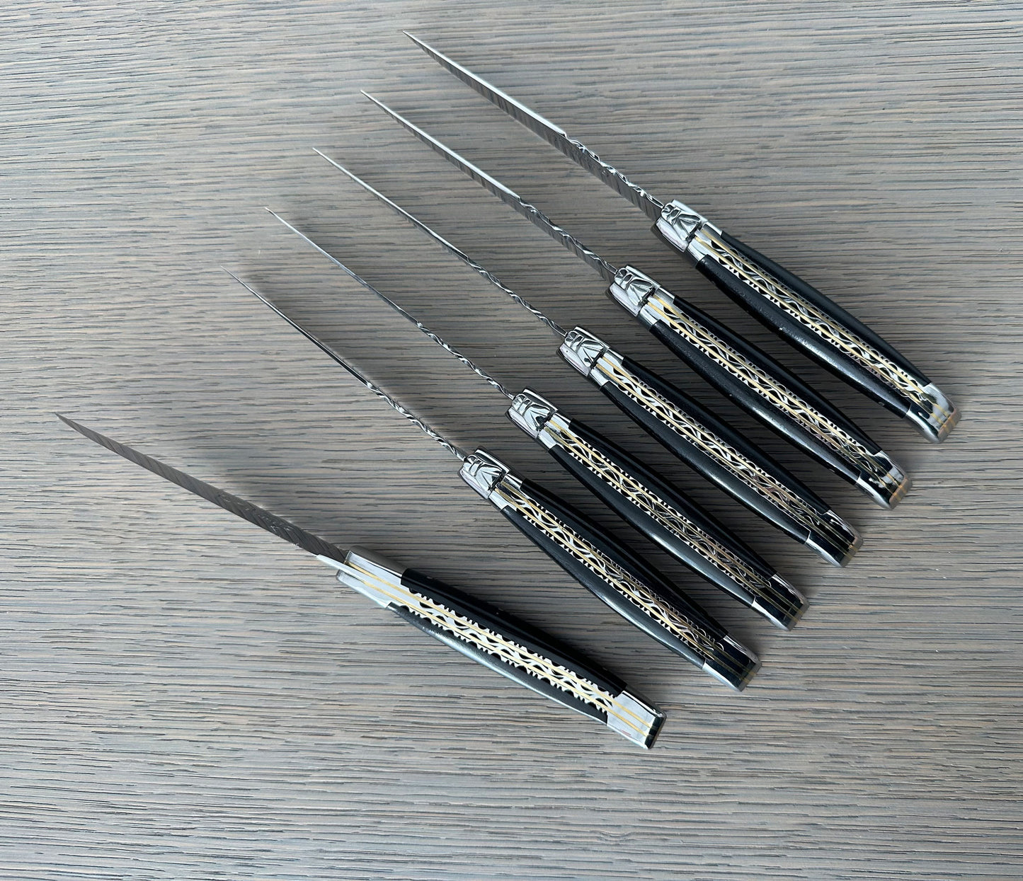 Laguiole en Aubrac Luxury Handcrafted Stainless Steel & Brass Double Plate 6-Piece Steak Knife Set with Ebony Wood Handles