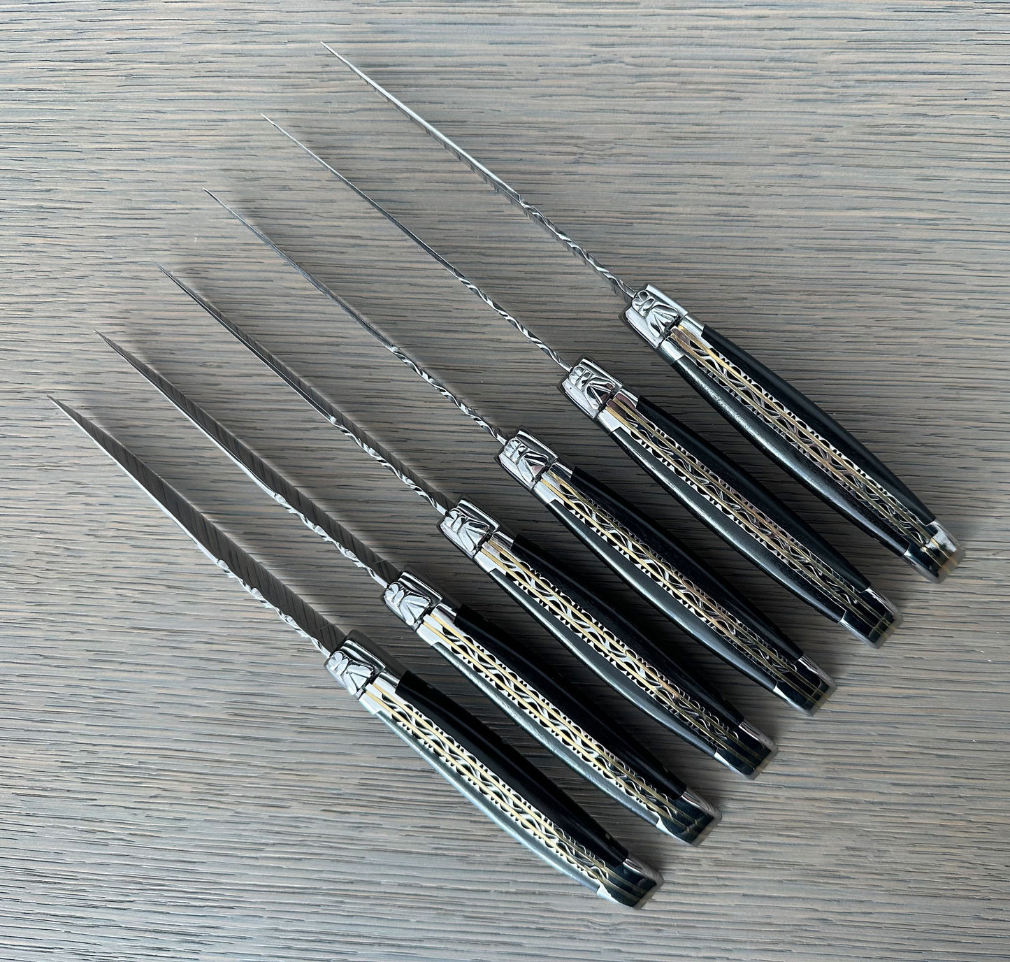 Laguiole en Aubrac Luxury Handcrafted Stainless Steel & Brass Double Plate 6-Piece Steak Knife Set with Ebony Wood Handles