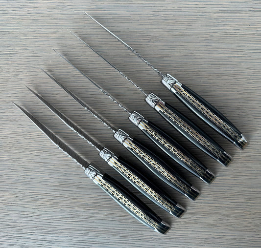 Laguiole en Aubrac Luxury Handcrafted Stainless Steel & Brass Double Plate 6-Piece Steak Knife Set with Ebony Wood Handles
