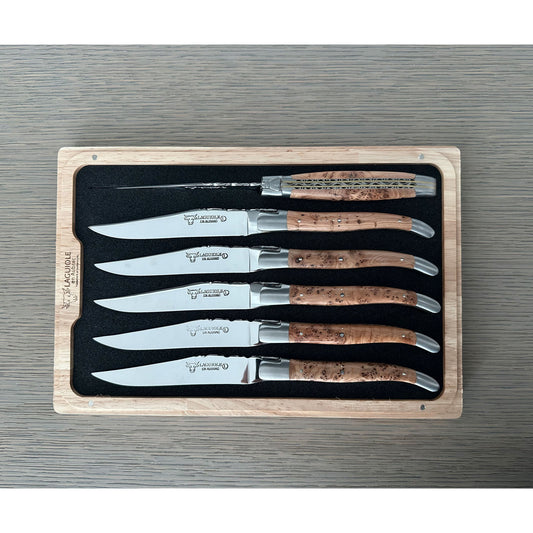 Laguiole en Aubrac Luxury Handcrafted Stainless Steel & Brass Double Plate 6-Piece Steak Knife Set with Juniper Wood Handles