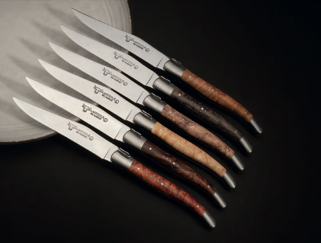 Laguiole en Aubrac Handcrafted 6-Piece Brushed Steak Knife Set with Mixed Burls Wood Handles