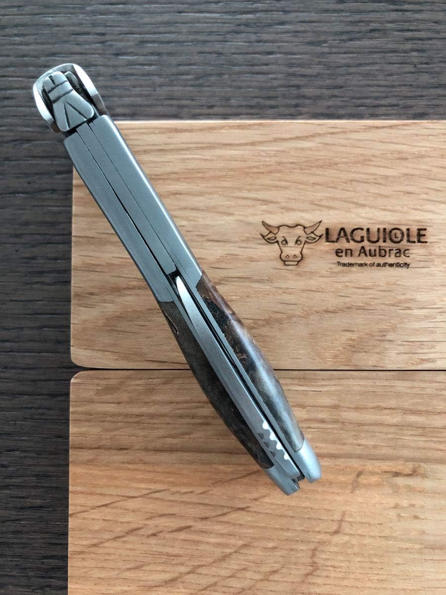 Handcrafted Sommelier Waiter's Corkscrew with Stabilized Blackened Poplar Burl Handle, Brushed Bolster by Laguiole en Aubrac