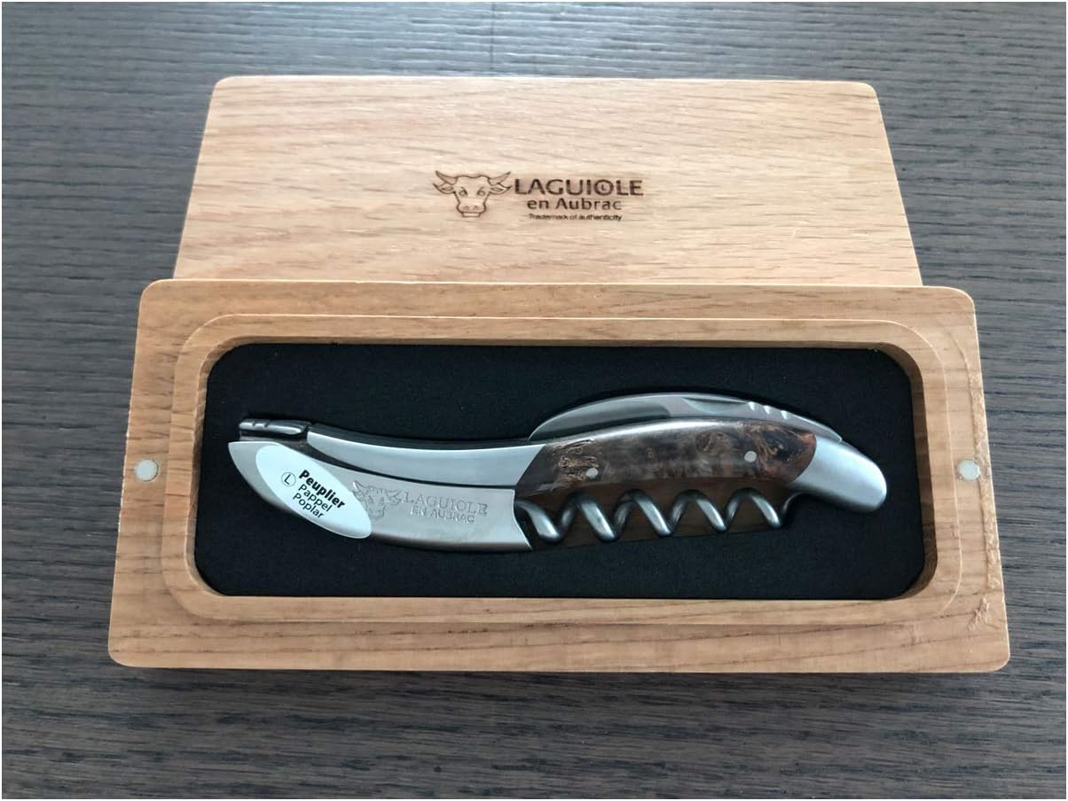 Handcrafted Sommelier Waiter's Corkscrew with Stabilized Blackened Poplar Burl Handle, Brushed Bolster by Laguiole en Aubrac