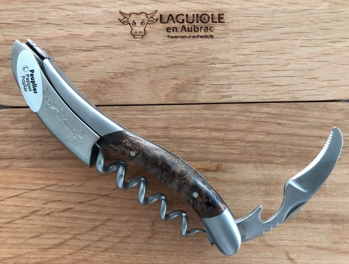 Handcrafted Sommelier Waiter's Corkscrew with Stabilized Blackened Poplar Burl Handle, Brushed Bolster by Laguiole en Aubrac
