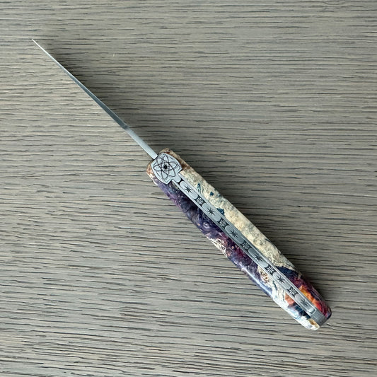 Laguiole en Aubrac Folding Knife Cosmos Series with Big Bang Bee, Fire Elder Burl, 4.8-in