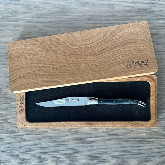 Laguiole en Aubrac Steak Knife Set with Blue Poplar Burl Handle, Polished Bolsters