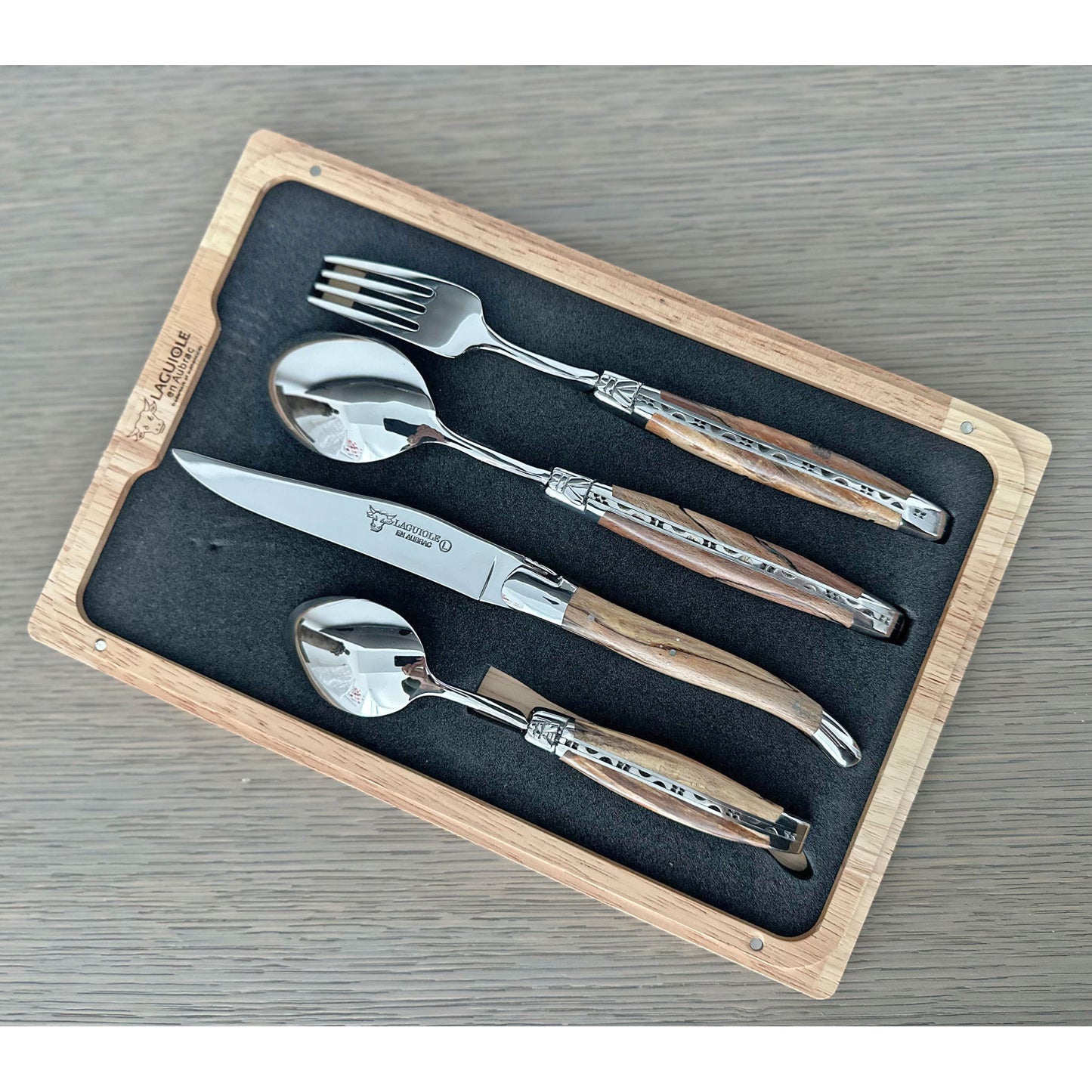 Laguiole en Aubrac Handcrafted 4-Piece Handcrafted Flatware Set, Aubrac Beechwood Handles