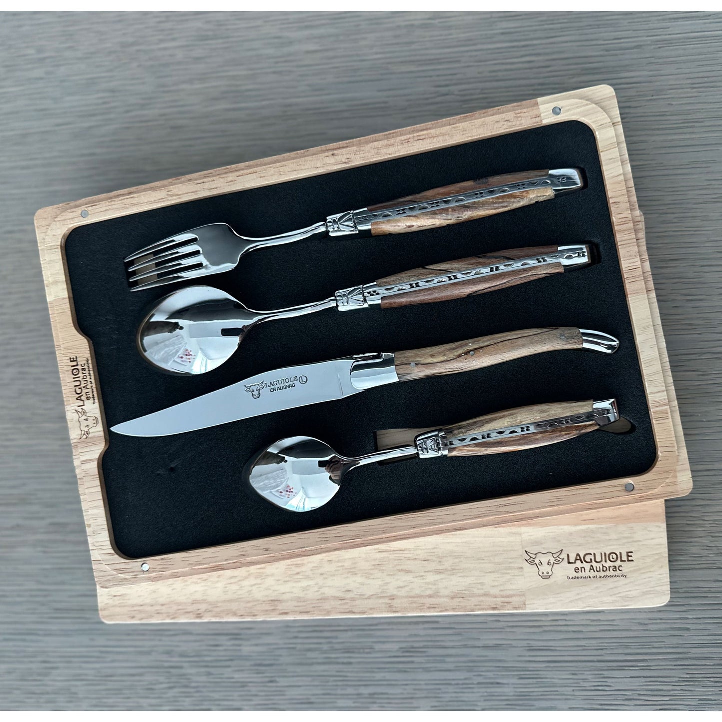 Laguiole en Aubrac Handcrafted 4-Piece Handcrafted Flatware Set, Aubrac Beechwood Handles