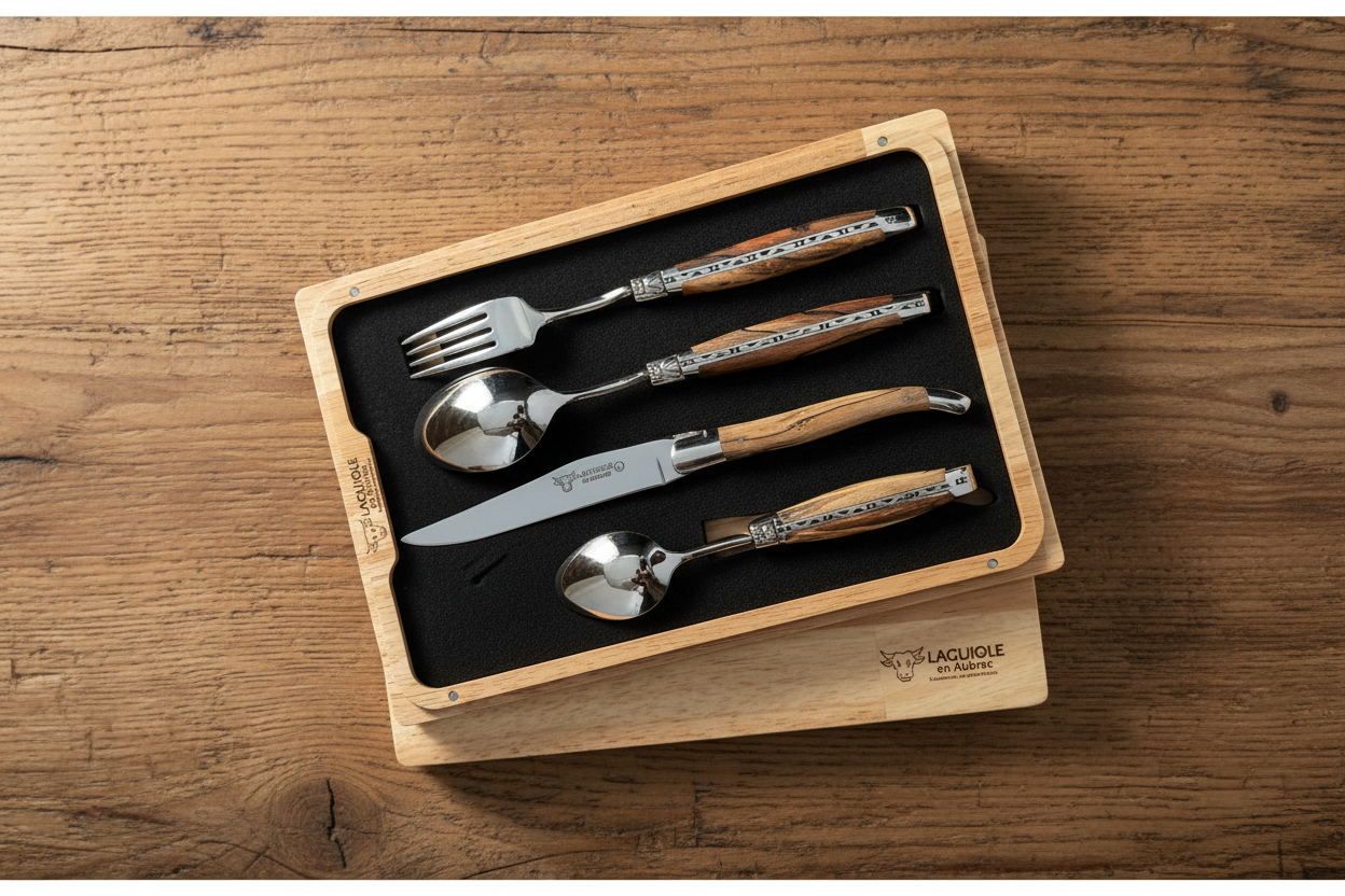 Laguiole en Aubrac Handcrafted 4-Piece Handcrafted Flatware Set, Aubrac Beechwood Handles