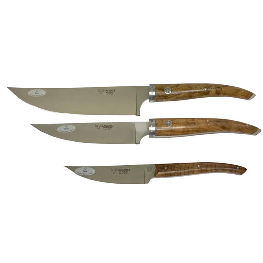 Laguiole en Aubrac Cuisine Gourmet Handcrafted 3-Piece Kitchen Knife Set with Teak Wood Handles