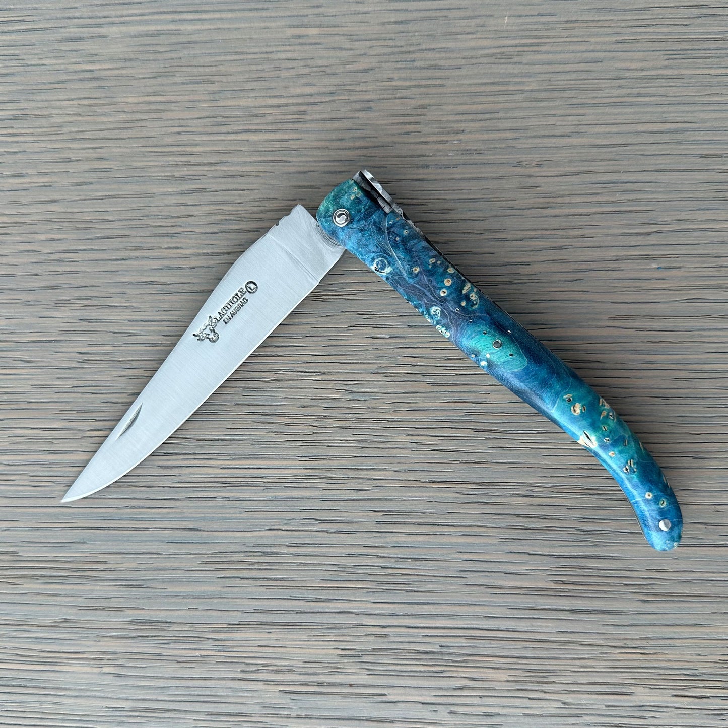 Laguiole en Aubrac Folding Knife Cosmos Series with Big Bang Bee, Blue Elder Burl, 4.8-in