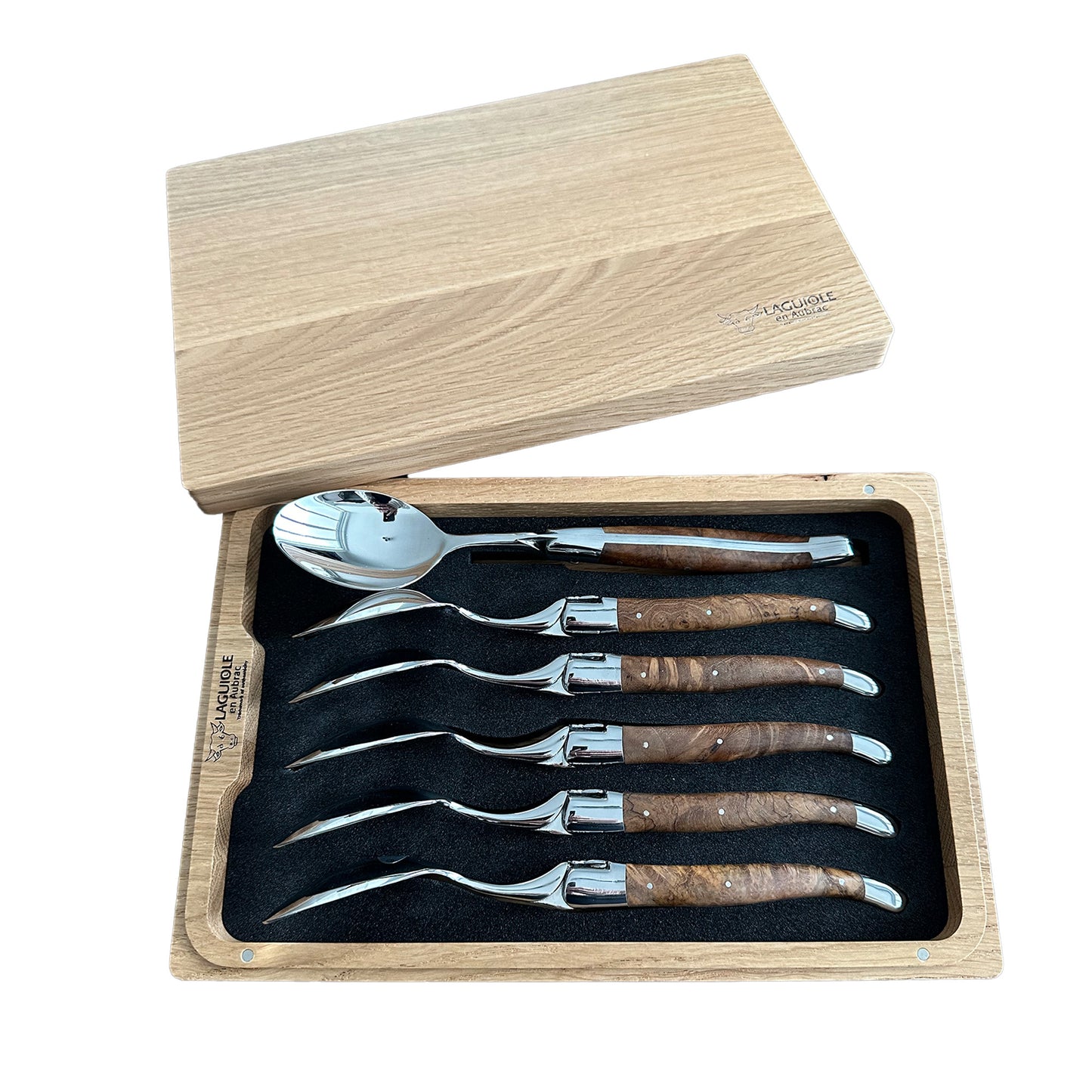 Laguiole en Aubrac Handcrafted 6-Piece Dessert Spoon Set with Teak Wood Handles