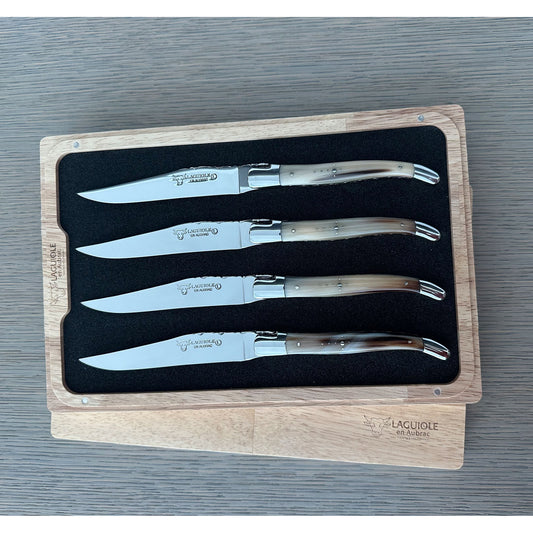 Laguiole en Aubrac Luxury Handcrafted Stainless Steel & Brass Double Plate 4-Piece Steak Knife Set with Solid Horn Handles