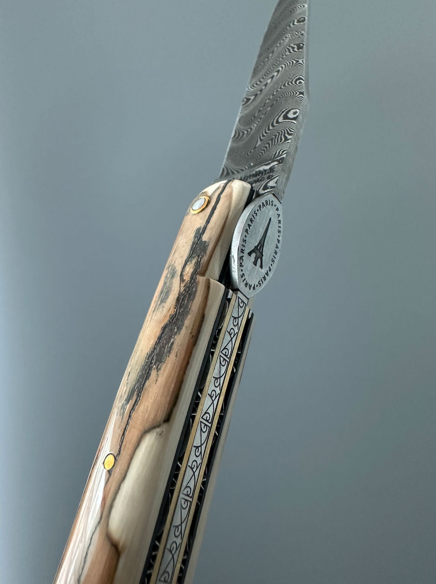 Laguiole en Aubrac — Origine Tour Eiffel Limited Edition Folding Knife | Ivory Crust Handle, Damascus Blade (Copy)