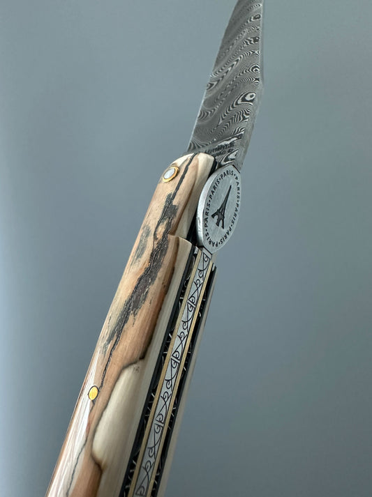 Laguiole en Aubrac — Origine Tour Eiffel Limited Edition Folding Knife | Ivory Crust Handle, Damascus Blade