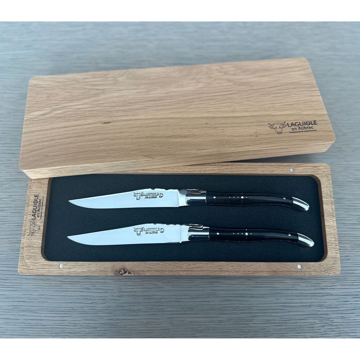 Laguiole en Aubrac Luxury Handcrafted Stainless Steel & Brass Double Plate 2-Piece Steak Knife Set with Ebony Wood Handles