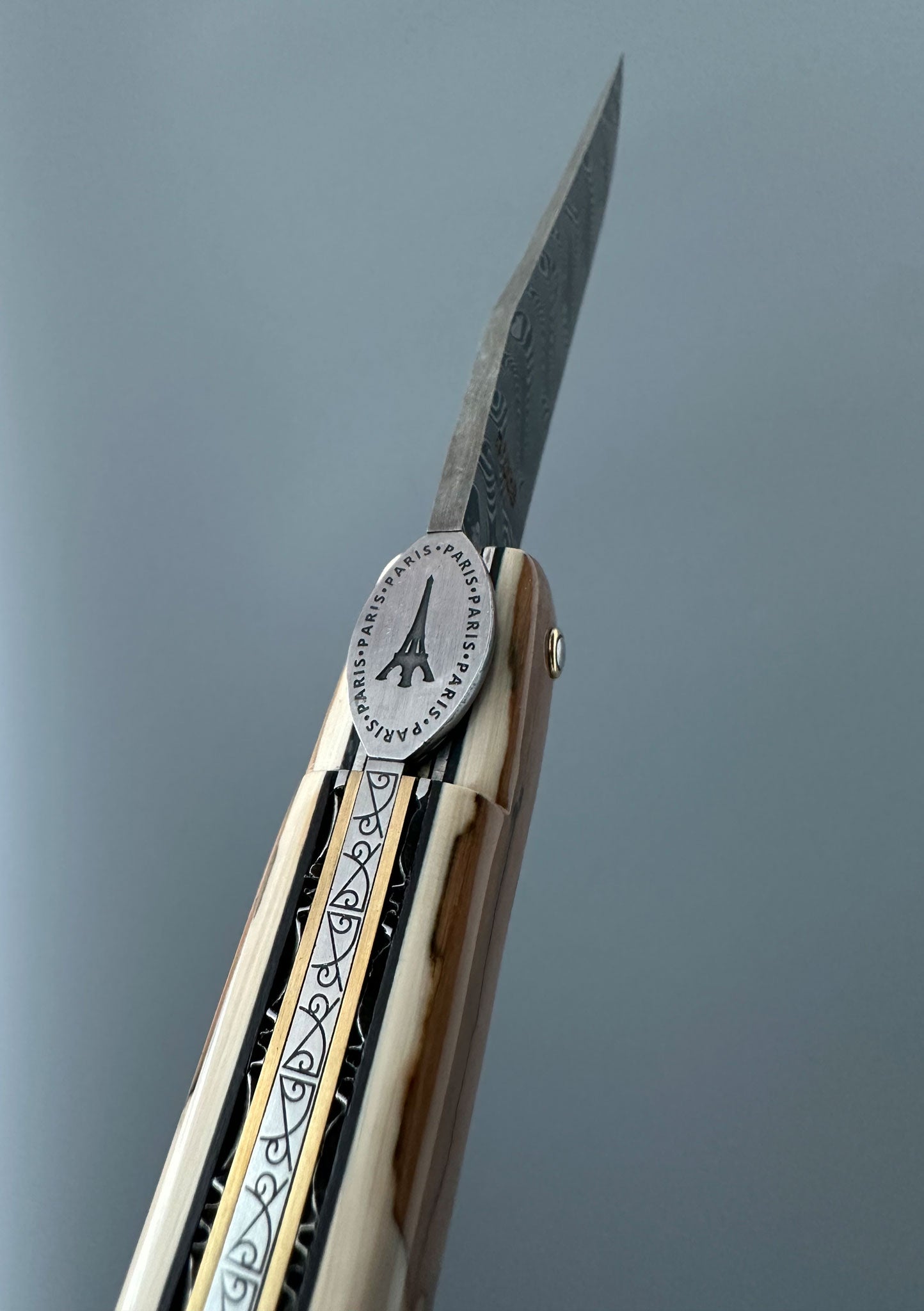 Laguiole en Aubrac — Origine Tour Eiffel Limited Edition Folding Knife | Ivory Crust Handle, Damascus Blade (Copy)