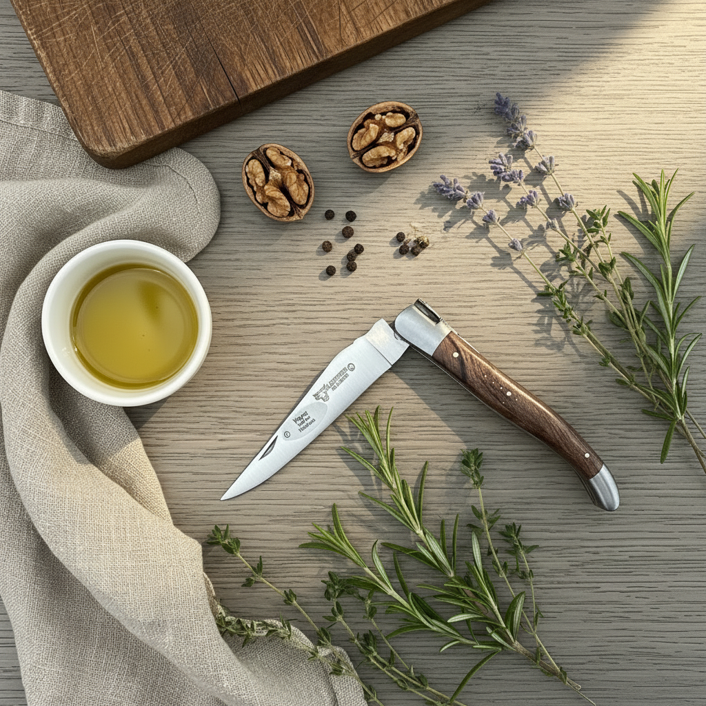 Laguiole en Aubrac Brushed Handcrafted Luxury Double Plated Multipurpose Knife with Buckeye Blue Handle, 4.75 นิ้ว