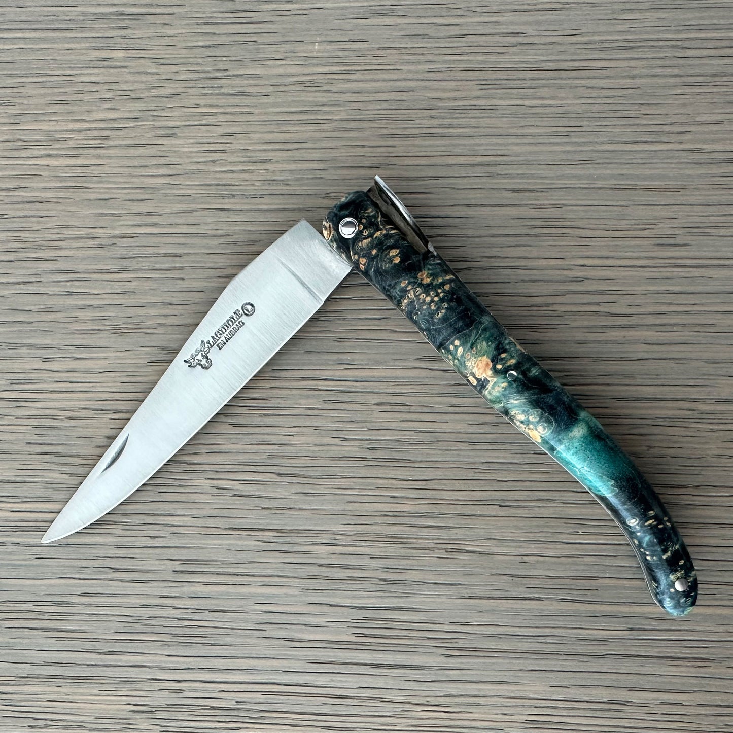 Laguiole en Aubrac Folding Knife Secret Garden Series Hibiscus Bee with Green Elder Burl, 4.8-in