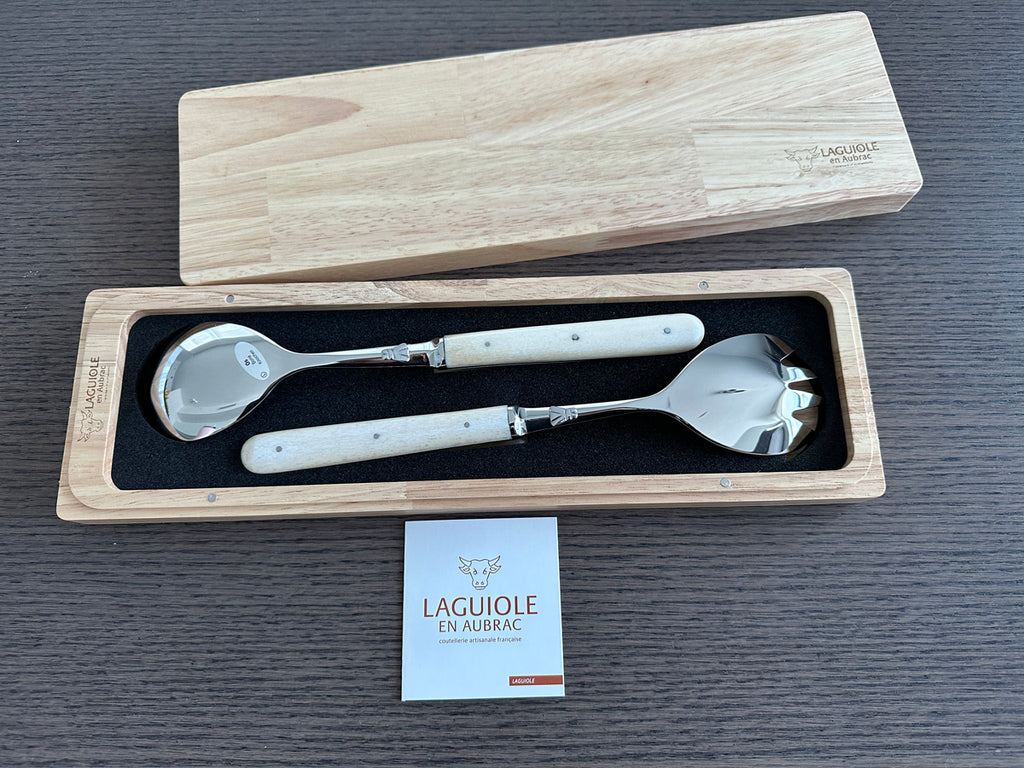 Laguiole en Aubrac 2-Piece Salad Server Set With 2-Spoons, Bone Handle - LaguioleEnAubracShop