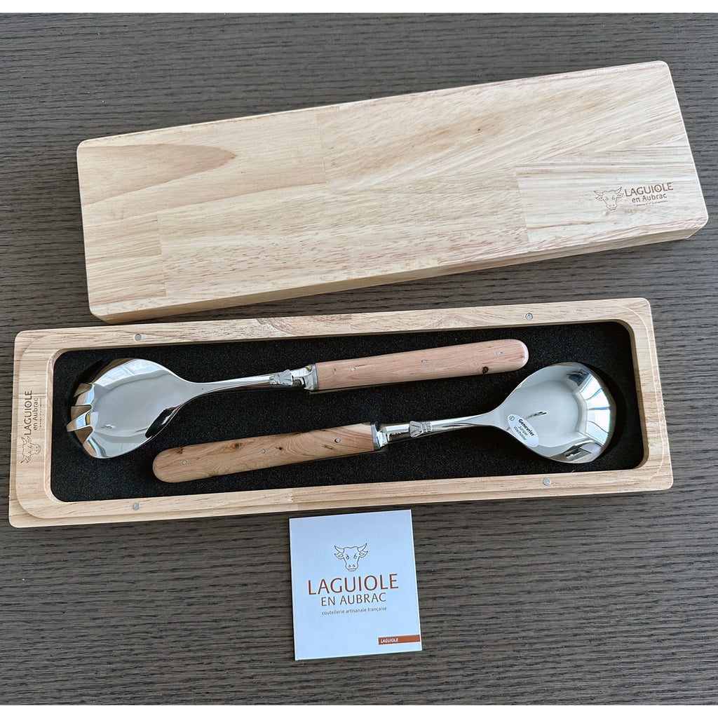Laguiole en Aubrac 2-Piece Salad Server Set With 2-Spoons, Juniper Wood Handle - LaguioleEnAubracShop