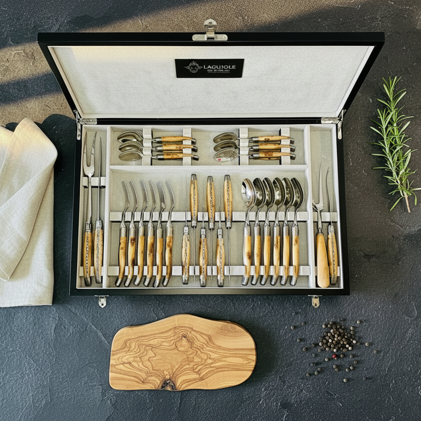 Laguiole en Aubrac 奢华 28 件套手工制作餐具套装，杜松木手柄