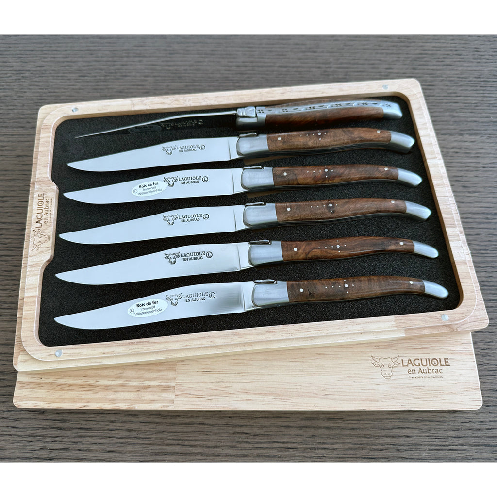 Laguiole en Aubrac Handcrafted Plated 6-Piece Steak Knife Set with Rich Desert Ironwood Handles - LaguioleEnAubracShop