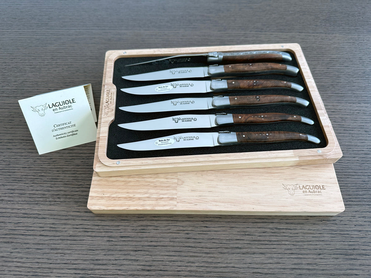 Laguiole en Aubrac Handcrafted Plated 6-Piece Steak Knife Set with Rich Desert Ironwood Handles - LaguioleEnAubracShop