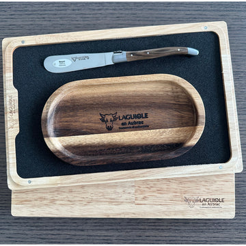 Laguiole en Aubrac Handcrafted Butter & Soft Cheese Knife With Walnut Wood Handle & Oak Wood Rest Set - LaguioleEnAubracShop