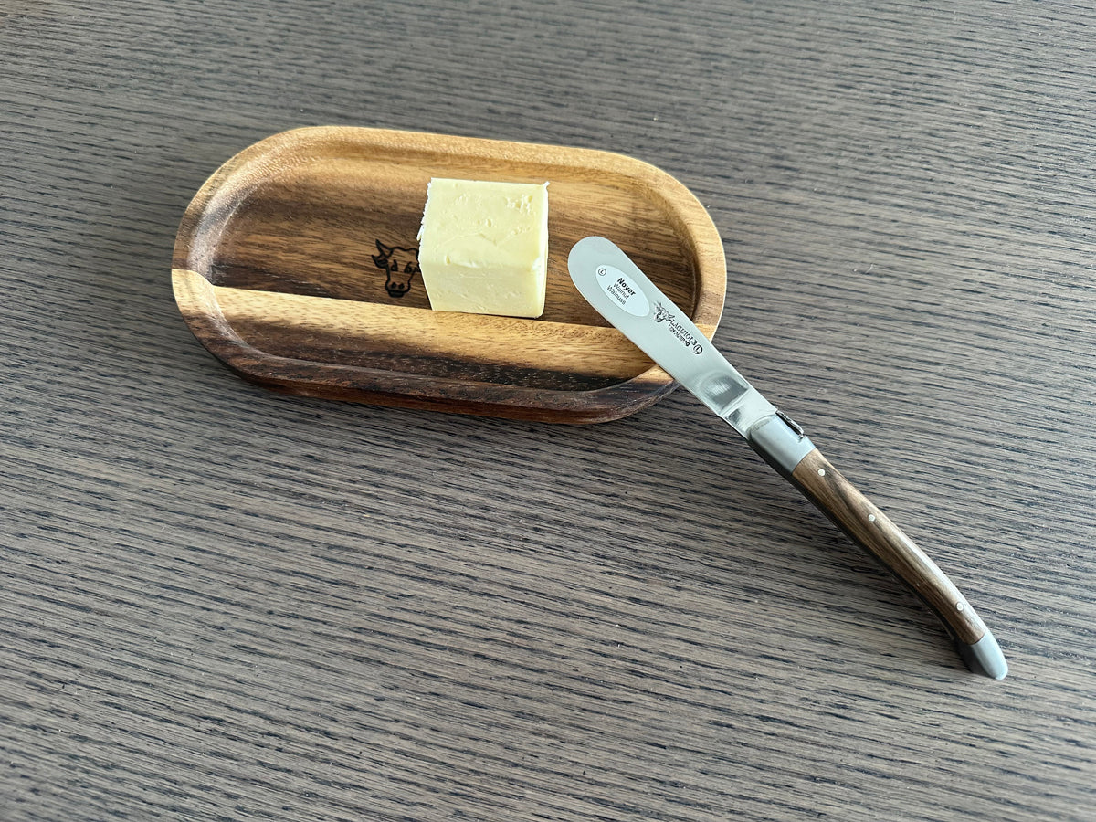 Laguiole en Aubrac Handcrafted Butter & Soft Cheese Knife With Walnut Wood Handle & Oak Wood Rest Set - LaguioleEnAubracShop