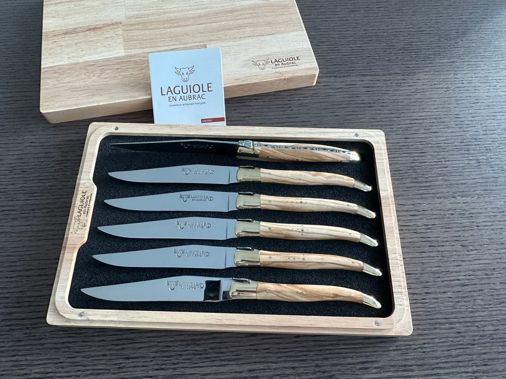 Laguiole en Aubrac Handcrafted Plated 6-Piece Steak Knife Set with Olivewood Handles, Brushed Bolsters - LaguioleEnAubracShop