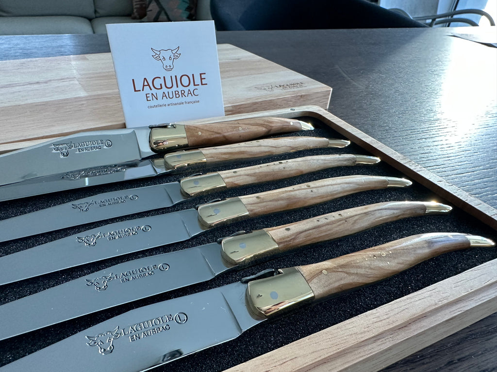 Laguiole en Aubrac Handcrafted Plated 6-Piece Steak Knife Set with Olivewood Handles, Brushed Bolsters - LaguioleEnAubracShop