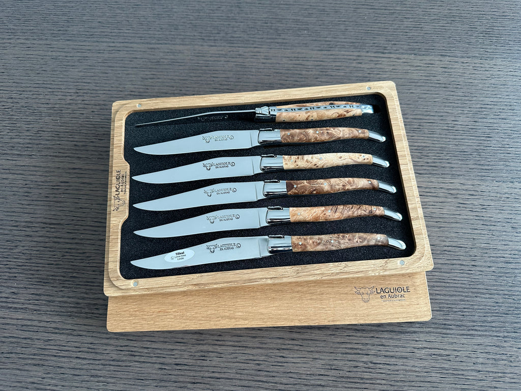 Laguiole en Aubrac Handcrafted Plated 6-Piece Steak Knife Set with Lime Tree Burl Wood Handles, Polished Bolsters - LaguioleEnAubracShop