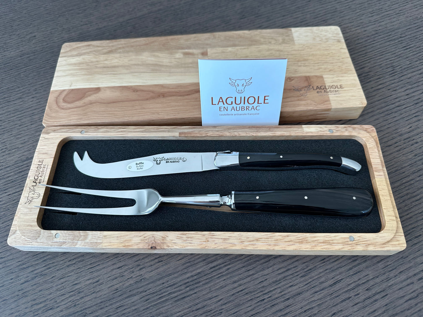 Laguiole en Aubrac Handcrafted 2-Piece Cheese Knife Set with Buffalo Horn Handles