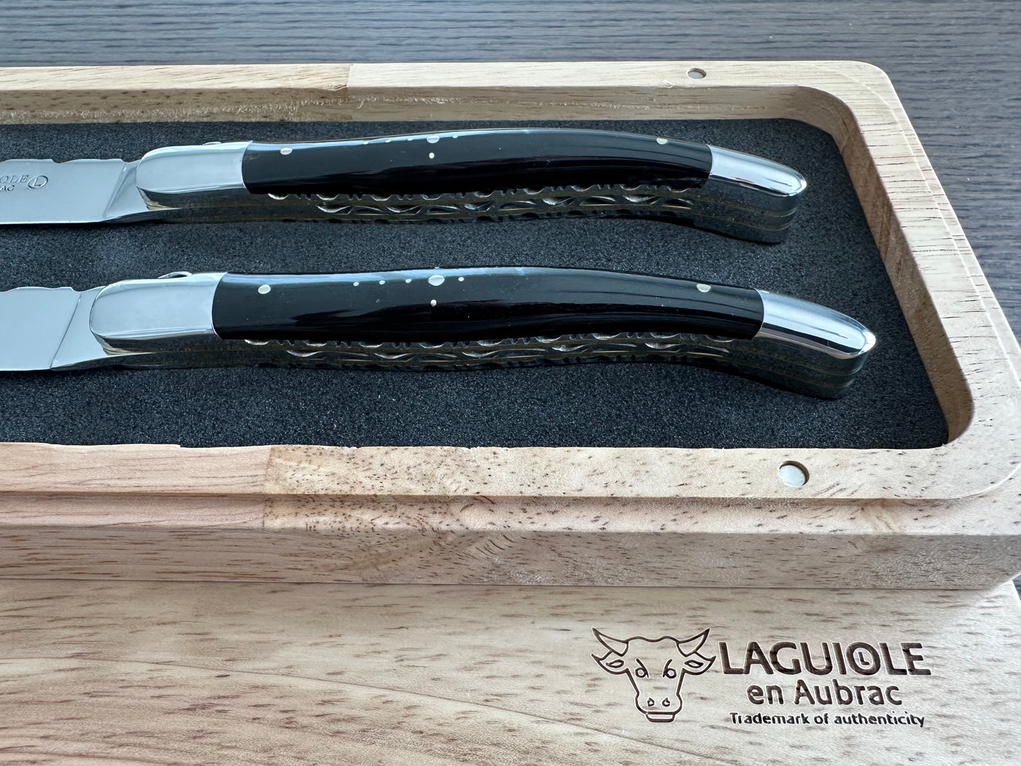 Laguiole en Aubrac Handcrafted 2-Piece Steak Knife Set with Buffalo Handles, Polished Bolsters & Brass Spring