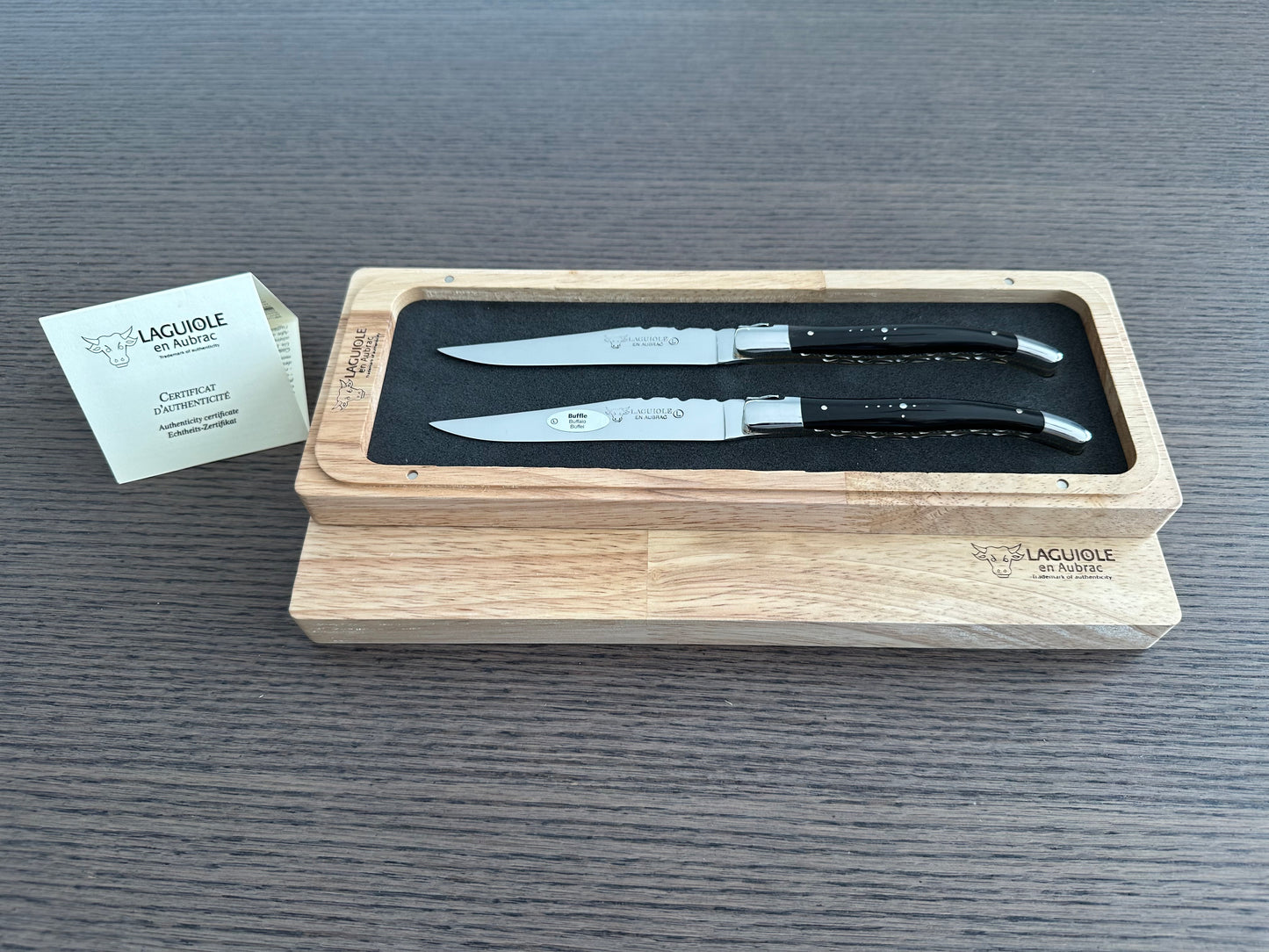 Laguiole en Aubrac Handcrafted 2-Piece Steak Knife Set with Buffalo Handles, Polished Bolsters & Brass Spring