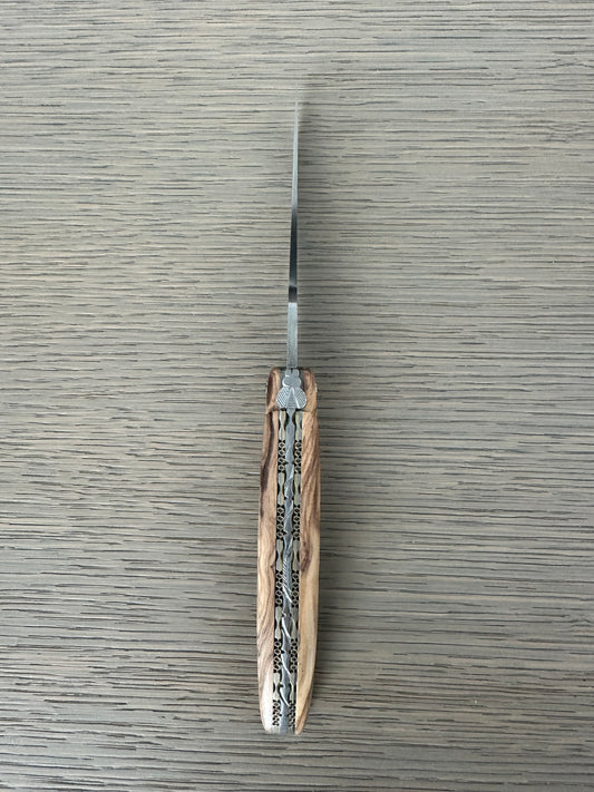 Laguiole en Aubrac Damascus Double Plated Stainless & Brass Knife, Olive Wood, 4.7"