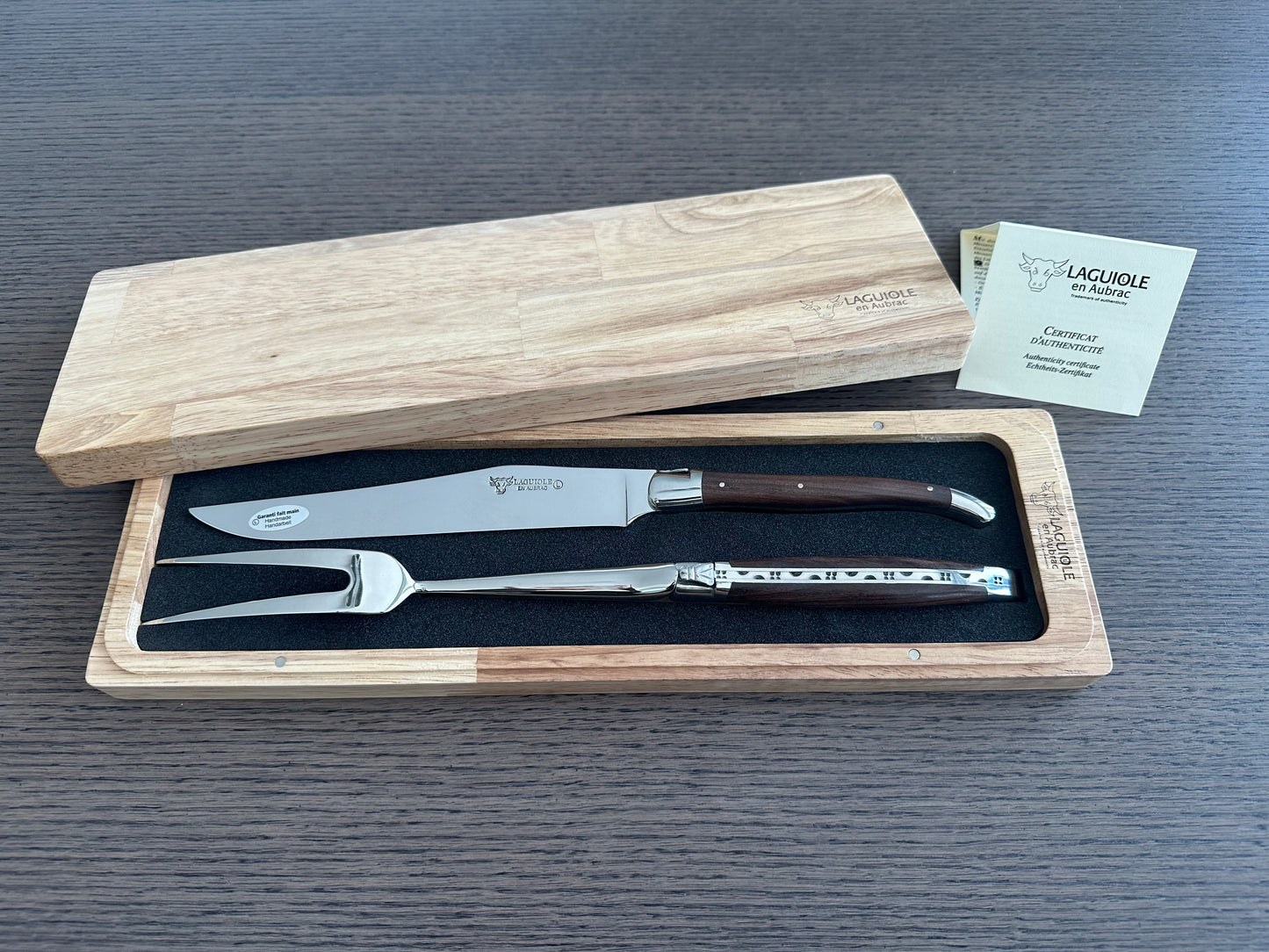 Laguiole en Aubrac Handcrafted Carving Set with Morado Rosewood Handle