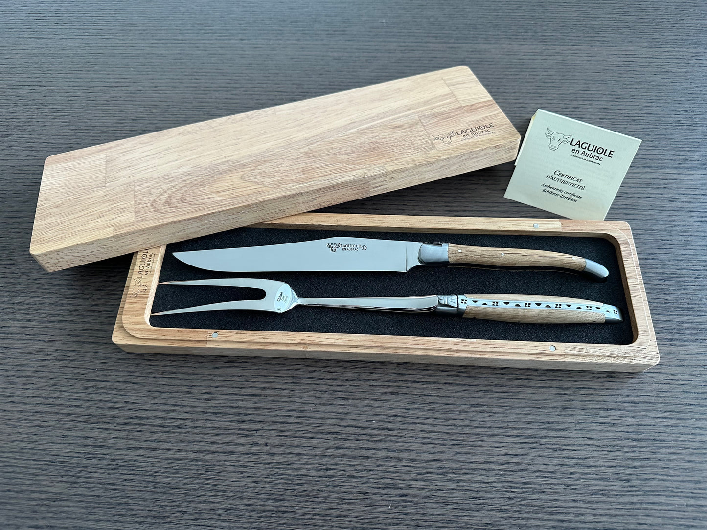 Laguiole en Aubrac Handcrafted Carving Set with Oak Wood Handles