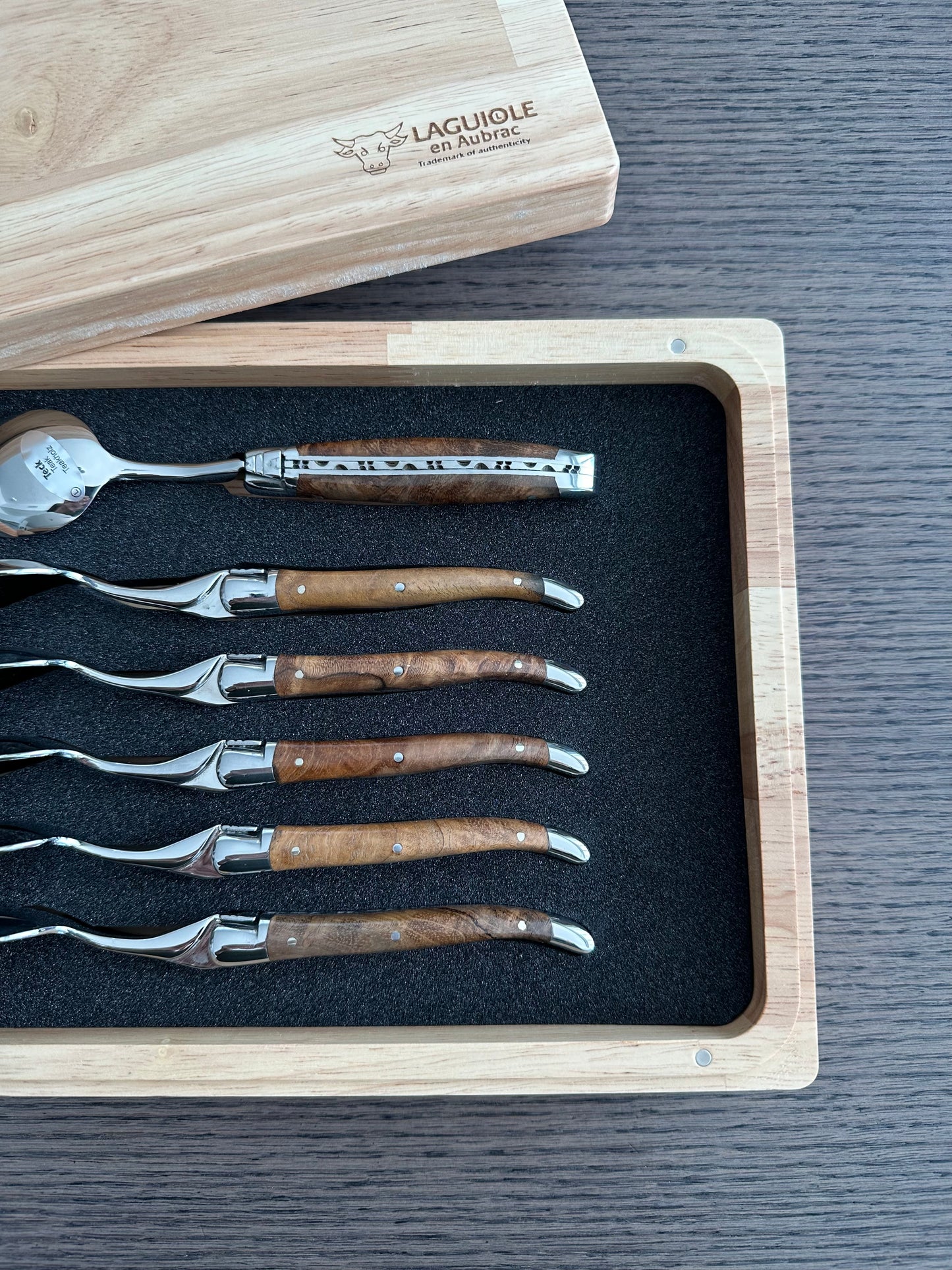 Laguiole en Aubrac Handcrafted 6-Piece Dessert Spoon Set with Teak Wood Handles