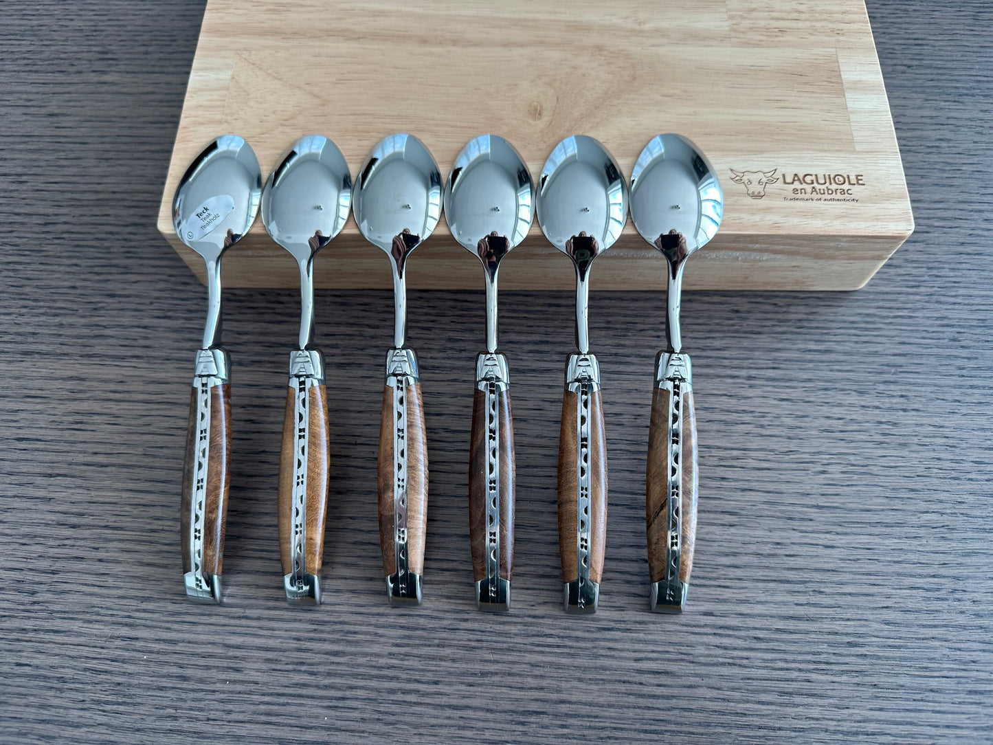 Laguiole en Aubrac Handcrafted 6-Piece Dessert Spoon Set with Teak Wood Handles