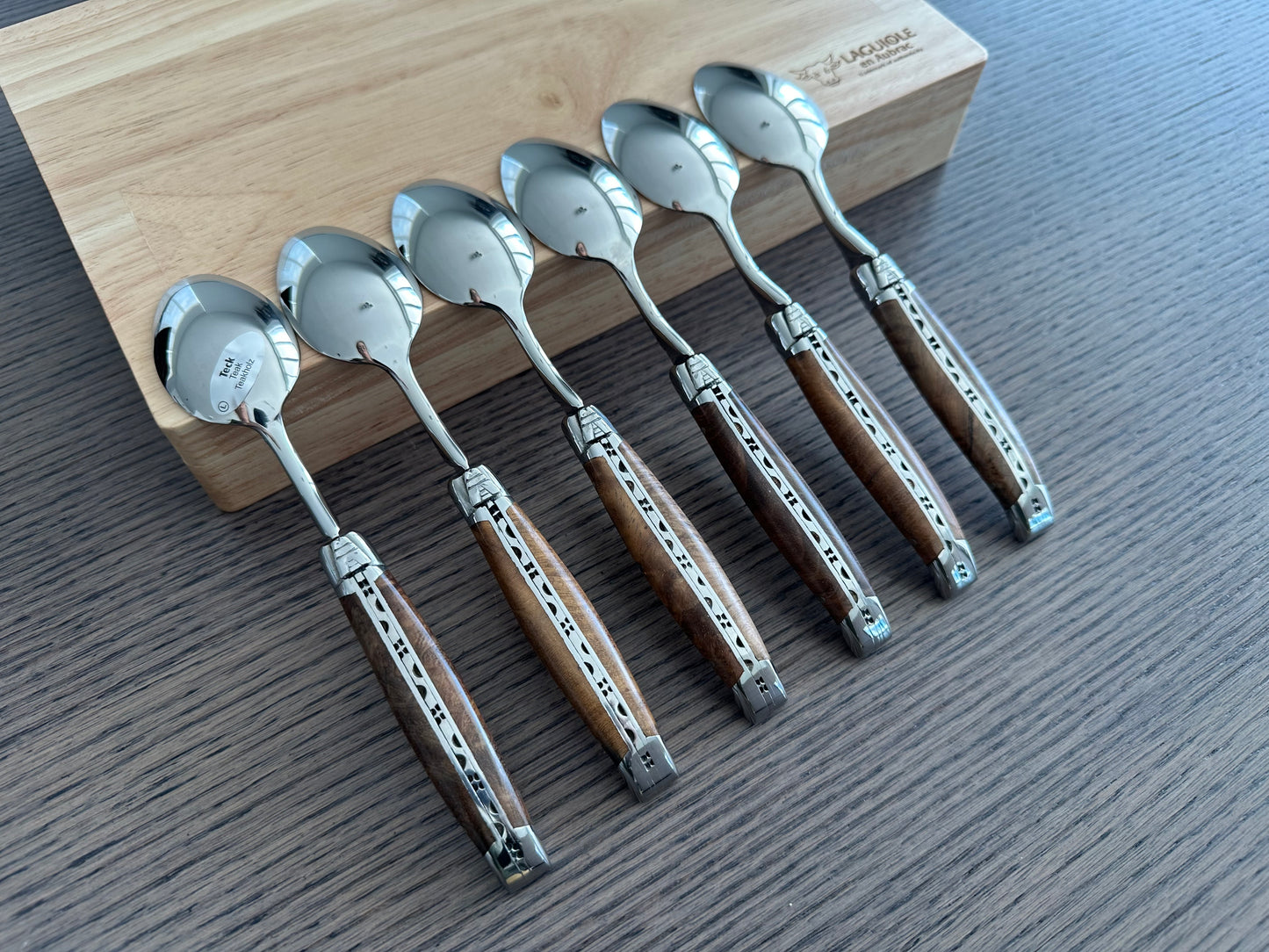 Laguiole en Aubrac Handcrafted 6-Piece Dessert Spoon Set with Teak Wood Handles