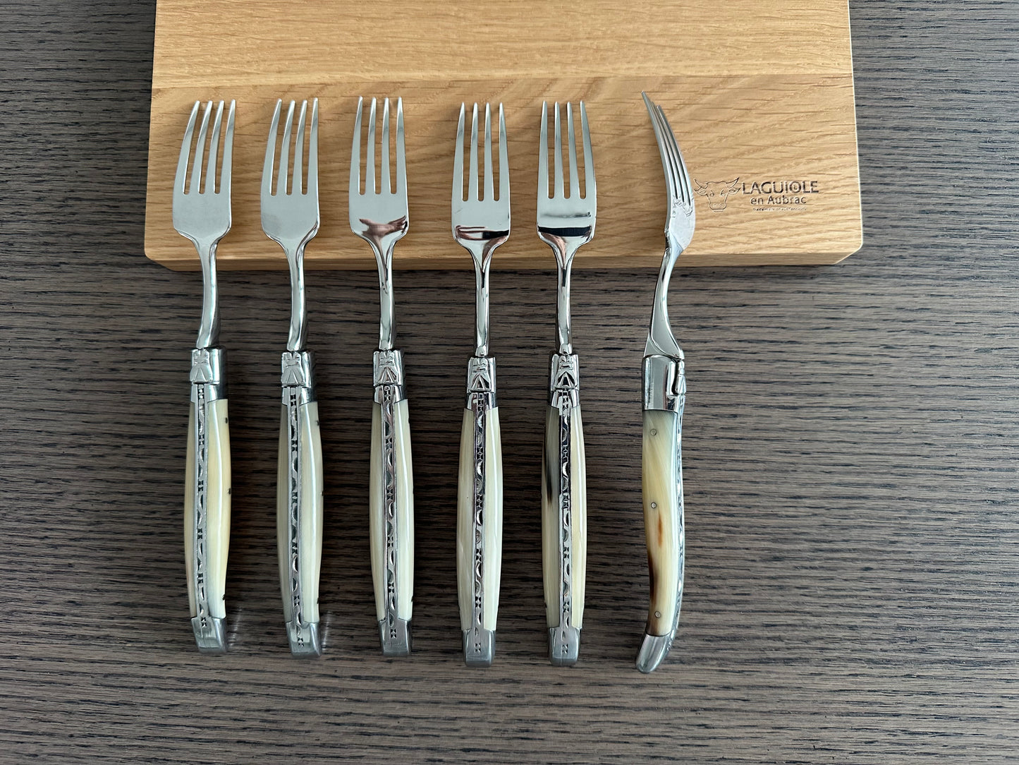 Laguiole en Aubrac Handcrafted 6-Piece Dinner Fork Set with Solid Horn Handles