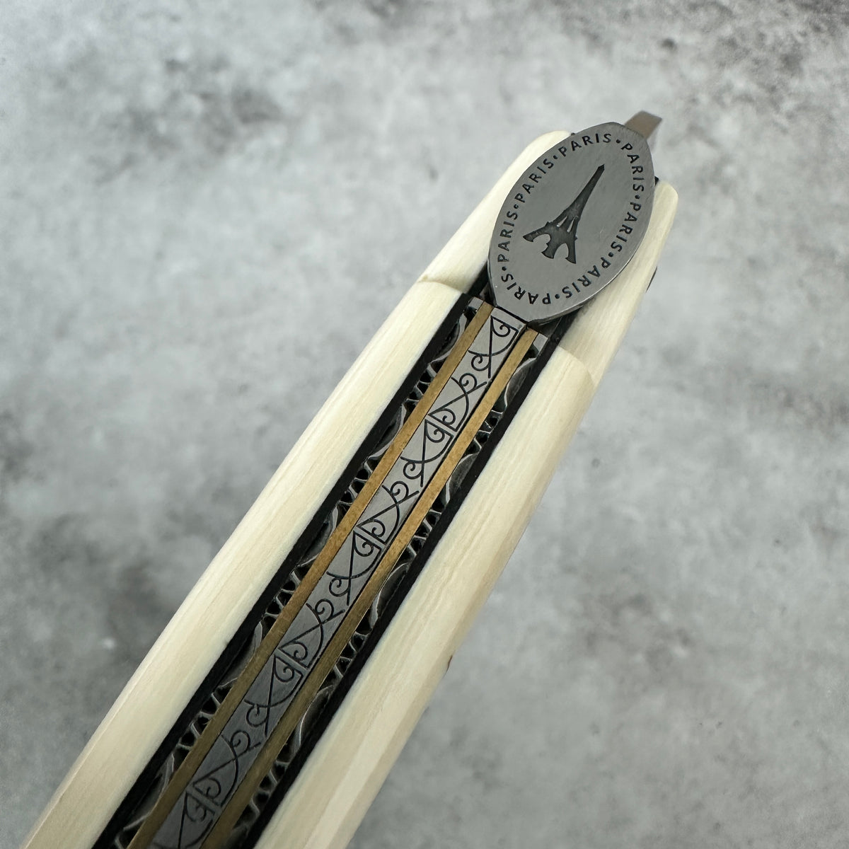 Laguiole en Aubrac — Origine Tour Eiffel Limited Edition Folding Knife | Ivory Crust Handle, Damascus Blade