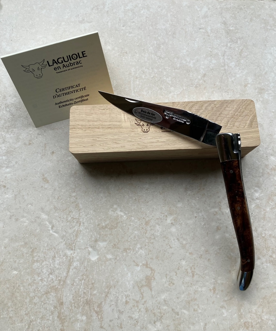 Laguiole en Aubrac Handcrafted Stainless Steel & Brass Double Plates Multipurpose Knife with Polished Bolsters, African Iron Wood Handle, 4.75-inches