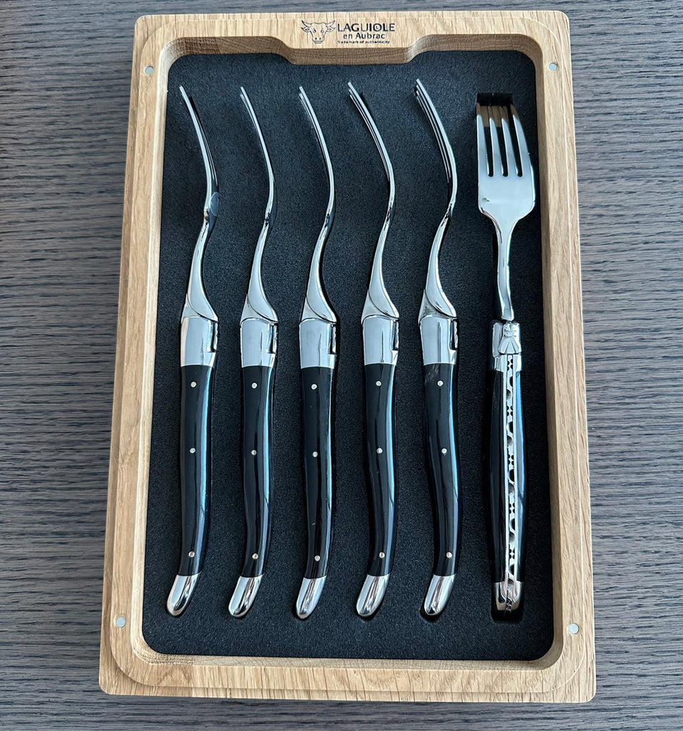 Laguiole en Aubrac Handcrafted Plated 6-Piece Dessert Fork Set with Buffalo Horn Handles - LaguioleEnAubracShop
