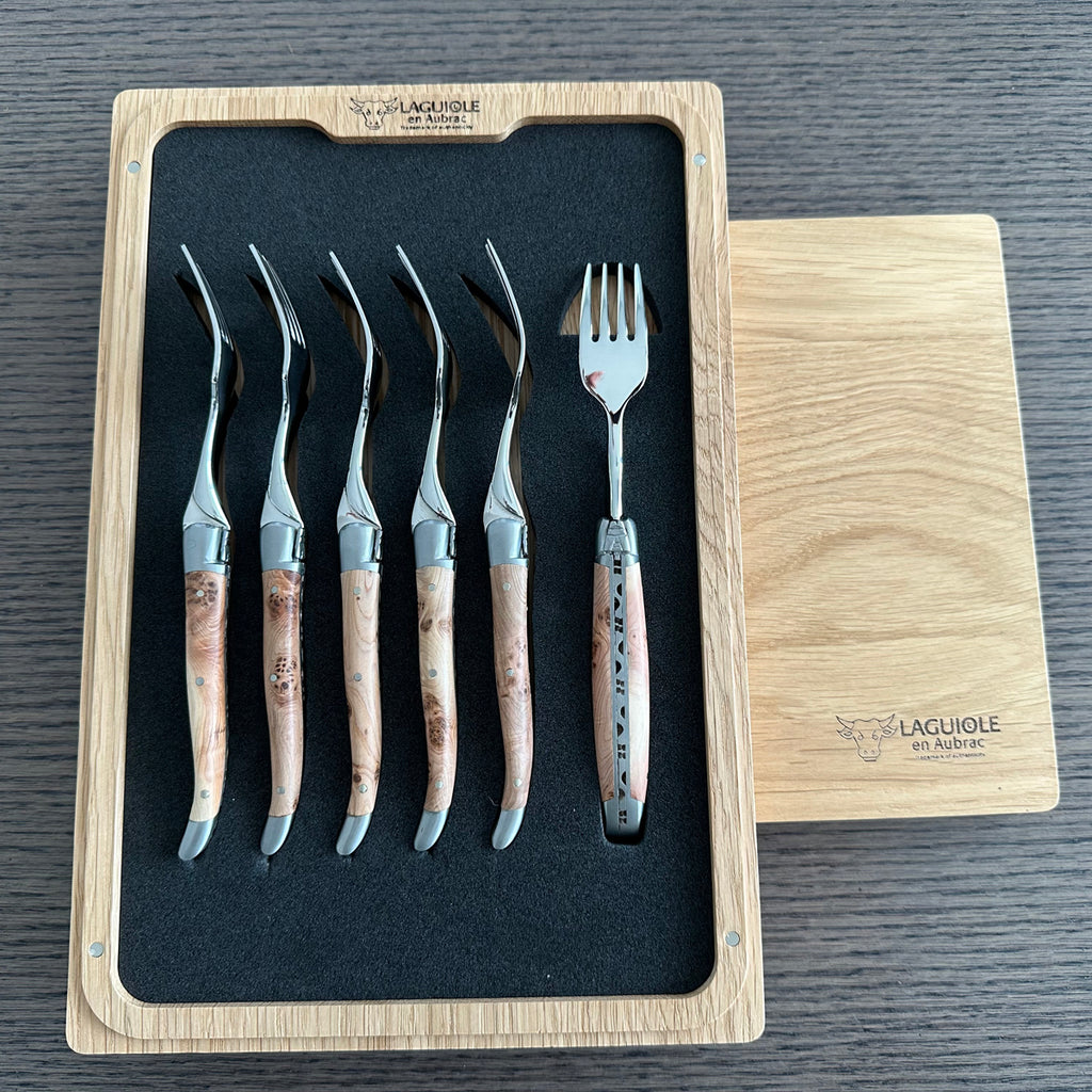 Laguiole en Aubrac Handcrafted Plated 6-Piece Dessert Fork Set with Juniper Wood Handles - LaguioleEnAubracShop