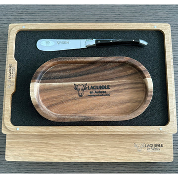 Laguiole en Aubrac Handcrafted Butter & Soft Cheese Knife With Buffalo Horn Handle & Oak Wood Rest Set - LaguioleEnAubracShop